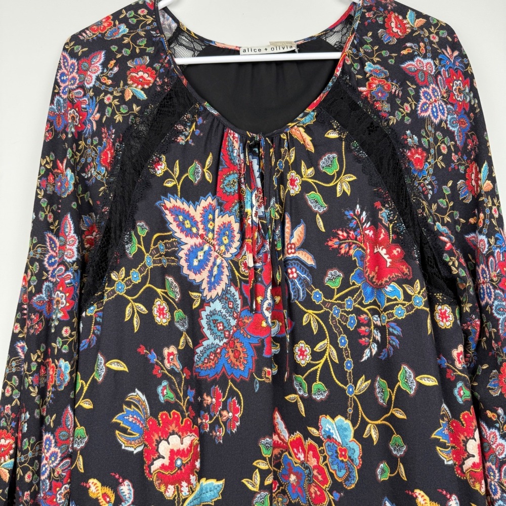 Alice + Olivia Lakita Floral Lace Trim Boho Dress Black Multicolor Tiered Large - Picture 4 of 16
